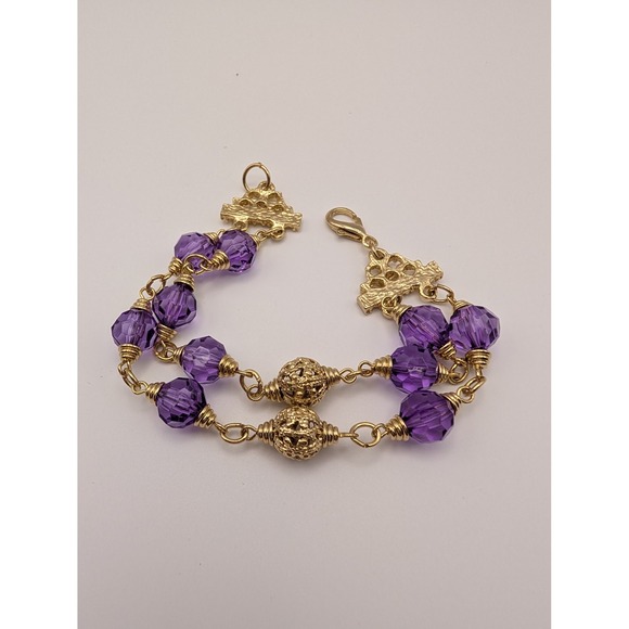 Jewelry - Purple Crystal Beaded Bracelet Double Strand Gold Tone‎ Clasp Closure